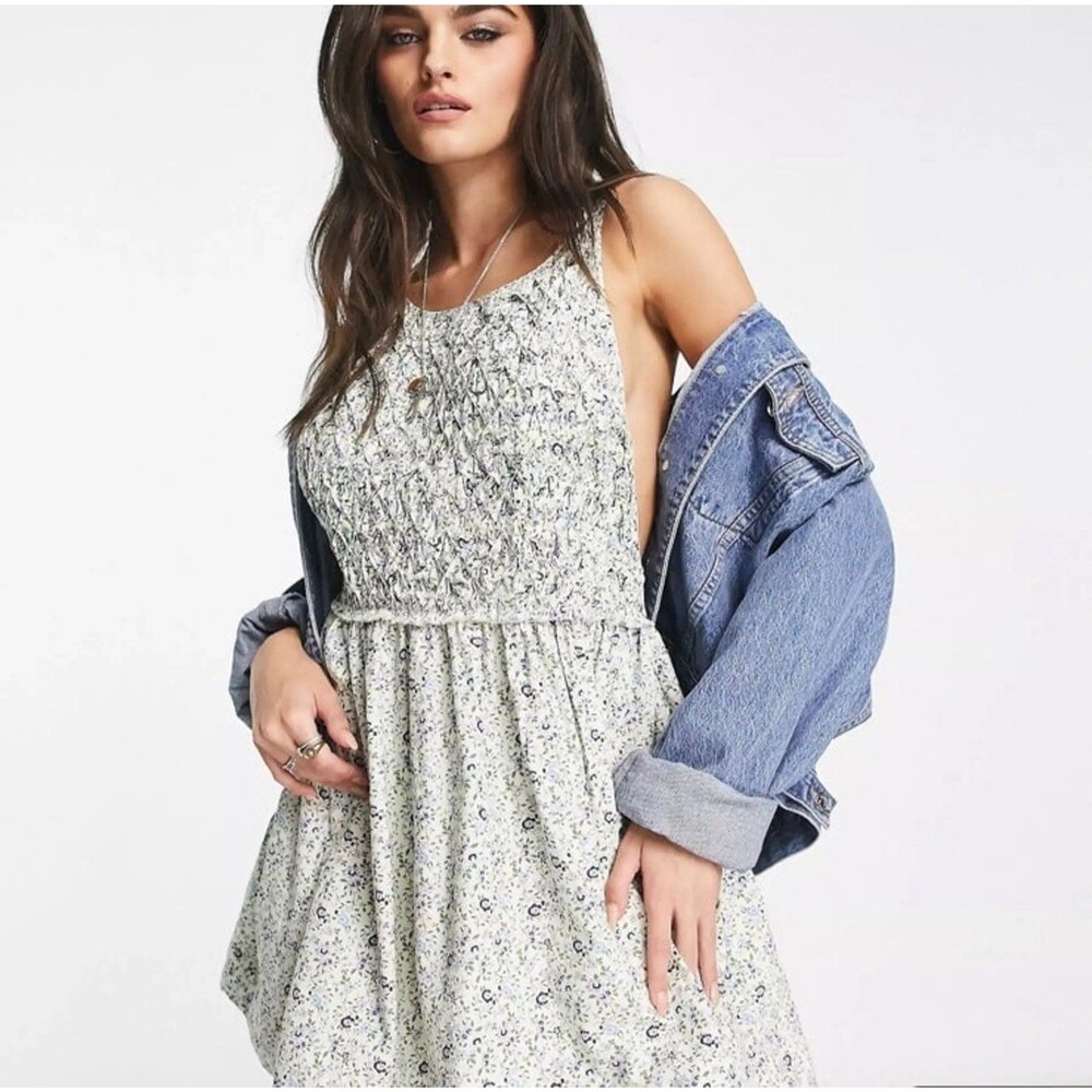 NWT Free People Cotton Petunia Mini Dress Women's Tea Combo L $128 Boho Floral